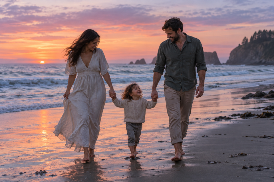 Parents and child walking together beside the ocean at sunset