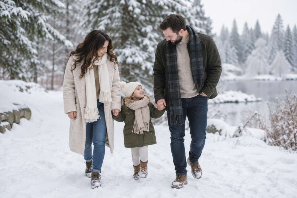 Family walking together through a snowy park in winter