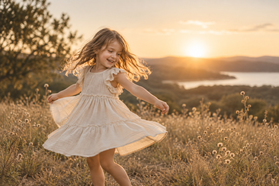 Child twirling in a meadow at golden hour