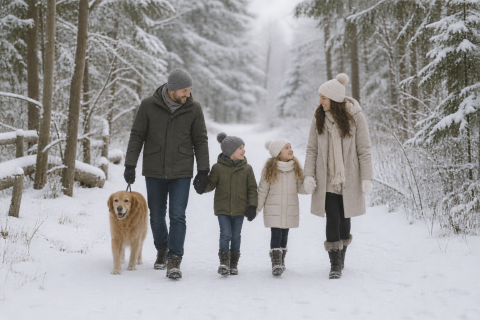 Family walking with a dog along a snowy woodland path