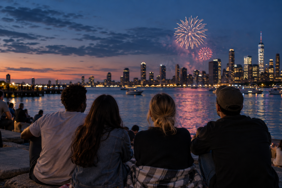 Friends watching a distant fireworks display across a city waterfront