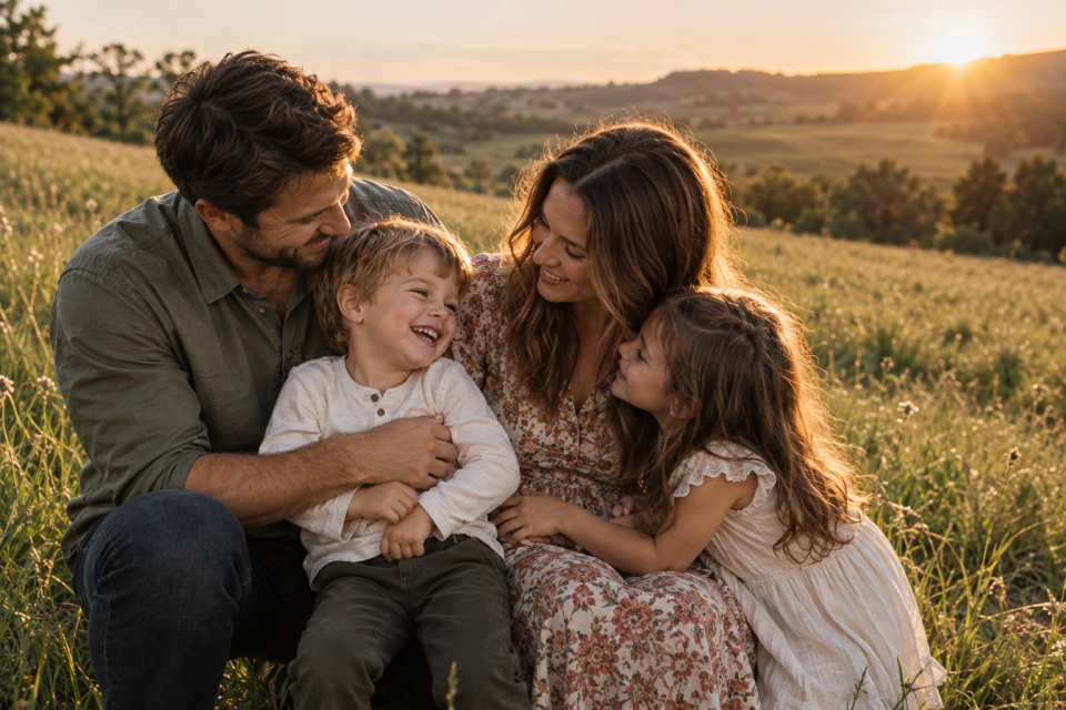 Family sitting together in tall grass in warm late-afternoon light