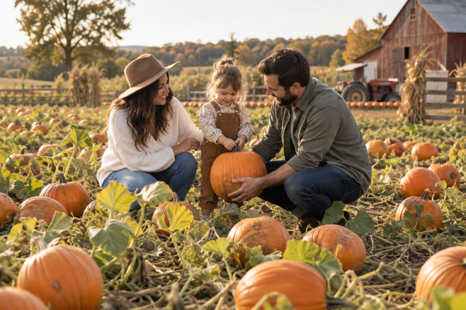 Family selecting a pumpkin together at an autumn farm