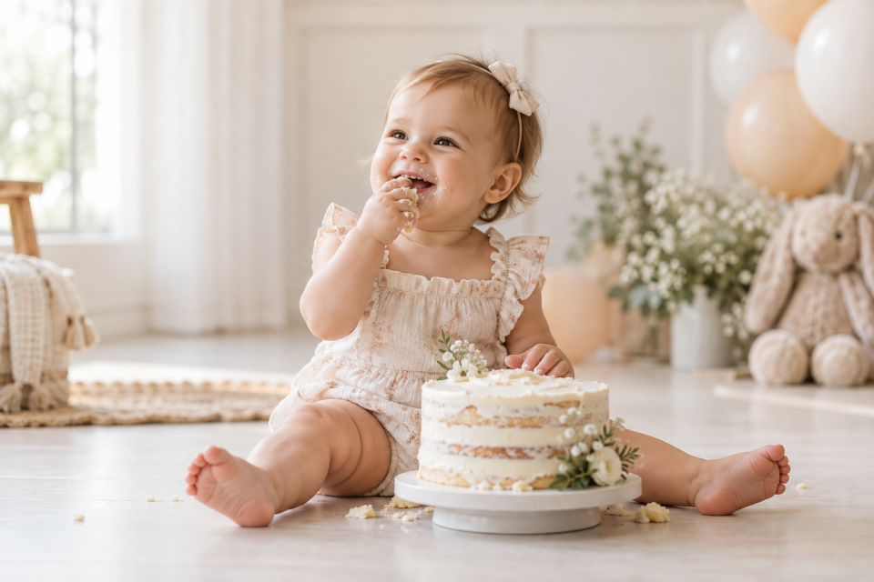 One-year-old child smiling beside a small birthday cake in a bright studio