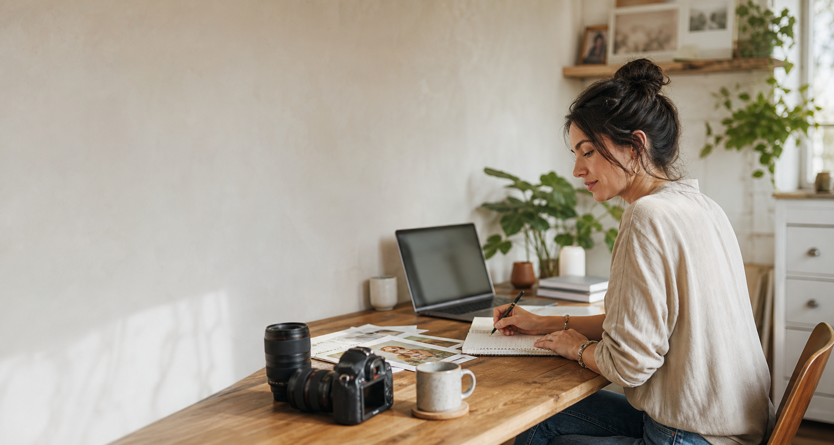 Photographer planning her work at a desk with a camera and notebook